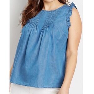 ✨Maurice Top Flowy Chambray Blouse Sleeveless Pintuck Bodice Trendy Shirt 2X #